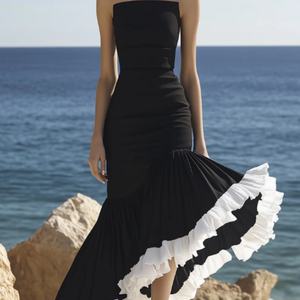 เดรสยาวทรงปล่อยชายระบาย ผ้าฝ้ายสีดำขาว ดีไซน์ใหม่สวยหรู สำหรับผู้หญิง - Product Image 4