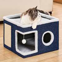 Maison-cave pour chat d'hiver, lits et meubles pour chat recouverts, avec tapis à gratter et tente de cachette