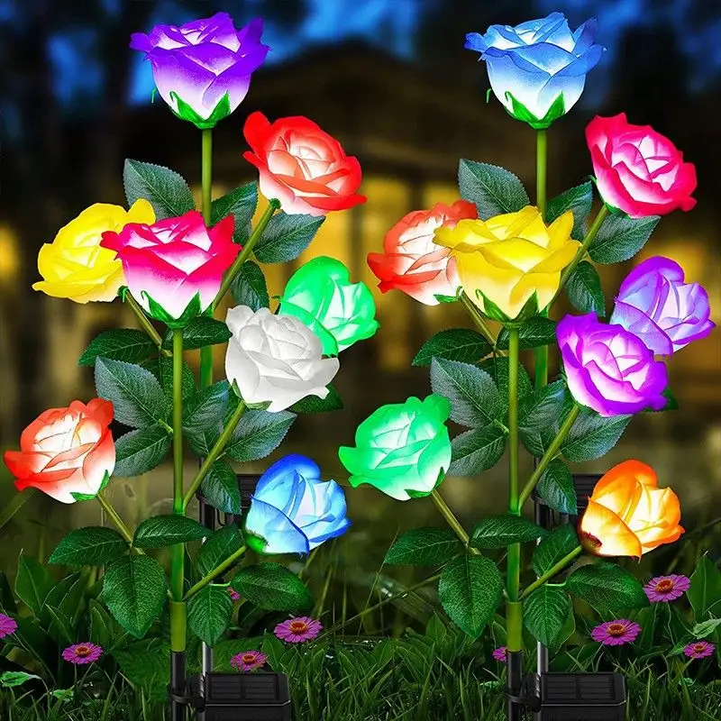 Luzes de paisagem decorativas para jardim, pátio e gramado, à prova d'água, 4 cabeças de rosas, solar, para uso ao ar livre