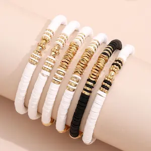 Bracelets en argile polymère multicouche d'été, ensemble de Bracelets bohème en or perlé, Bracelet Heishi en perles blanches et noires
