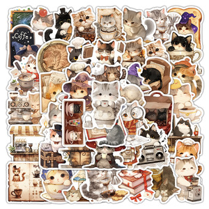 54 pièces Original café petit chaton dessin animé Graffiti autocollants pour mur <span class=keywords><strong>chambre</strong></span> décor beau chat autocollant - Product Image 1
