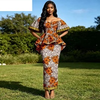 Pakaian Afrika untuk Wanita, Atasan Bordir Lengan Lonceng Off Shoulder dan Set Rok Midi, Pakaian Cetak, Busana Ankara 2626040