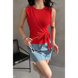 DEFILE Blusa blanca con tiras y lazo frontal para mujer, elegante top de verano de poliéster y lycra con tirantes ajustables - Product Image 2