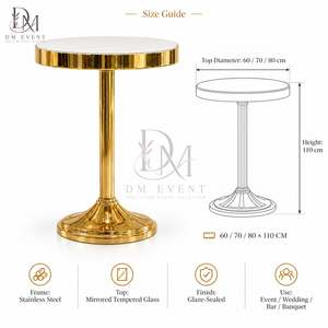 Mesa de Cóctel Clásica Desmontable de Acero Inoxidable Dorado con Base para Alquiler en Recepciones de Bodas, con Cubierta de Vidrio Templado - Product Image 5