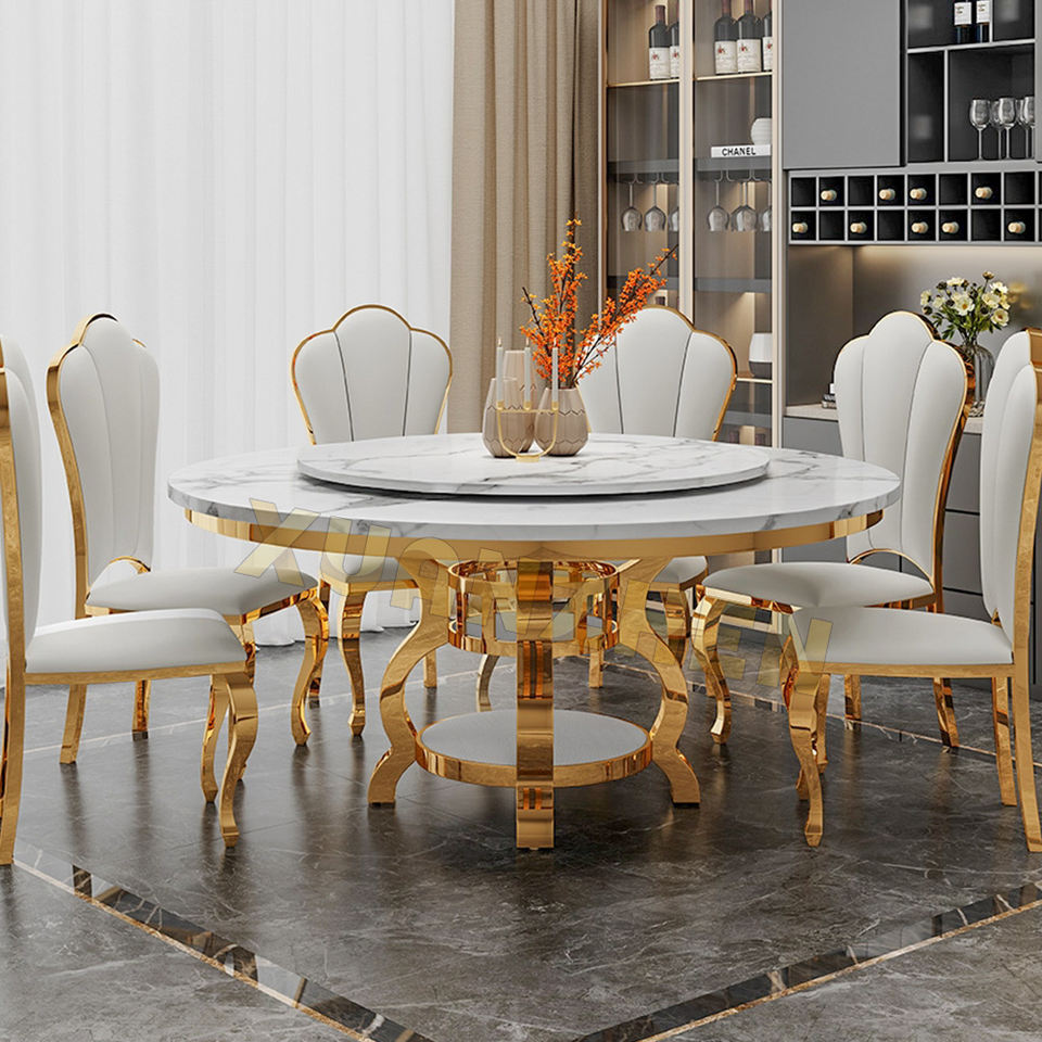 Modern 6 Seater Round Marble Dining Table Set with Golden Stainless ...