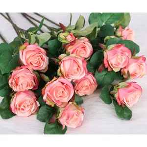 Qihao 3 head Damask Rose Centerpiece Flower Real Touch Silk Perfume Rose Artificial Rose Flowers for Wedding Decoration