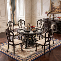 Luxuriöses Europäisches Rundes Massivholz-Esszimmer-Set mit Schwarzer Marmorplatte und Drehbarem Serviertablett, Cremefarbene PU-Lederstühle für Villen, Großhandel