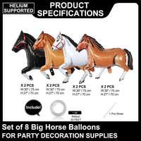 Lot de 8 ballons en aluminium en forme de cheval blanc, marron et noir pour décorations de fête d'anniversaire sur le thème du Far West et des cow-boy