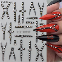 Qianya Nouveaux autocollants pour ongles punk gothiques en relief 5D-Conceptions de croix cloutées en 3D avec support auto-adhésif, breloques pour ongles en métal foncé