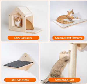 Estante de Pared para Gatos de Madera, Juego de 5 Piezas, Muebles de Pared para Gatos con Casa, Escalones, Poste Rascador - Product Image 3