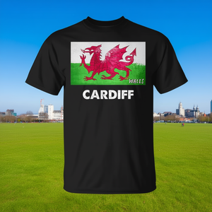 T-shirt promotionnel noir unisexe pour adulte avec drapeau du Pays de Gal de Cardiff - Product Image 3