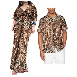 Ensemble de couple d'été OEM, style polynésien, combinaison Puletasi et chemise hawaïenne pour homme, tenues assorties en polyester - Product Image 4