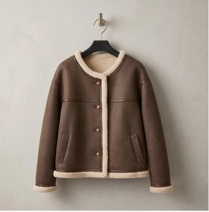 Giacca Corta Invernale da <span class=keywords><strong>Donna</strong></span> in Ecopelle Color Caffè, Foderata in <span class=keywords><strong>Shearling</strong></span>, Collo Tondo, Bottoni Dorati, Fodera in Misto Lana - Product Image 2