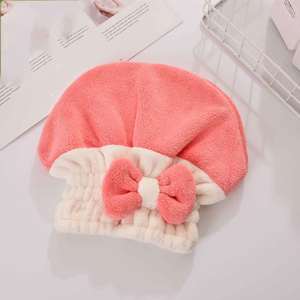 Hot Selling Double Color Drying Caps Coral Velvet Microfiber Hair Towel with Bowknot <b>Wrap</b> Princess Hat for Bathroom Use - Product Image 5