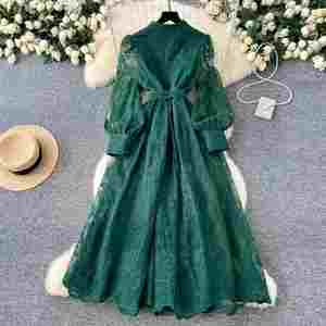 Vestido Midi de Mujer con Cuello V Romano Vintage, Tejido Sólido Ecológico, Transpirable, Corte A, Manga Linterna, Estilo Túnica Casual, Colección Primavera 2025 - Product Image 5
