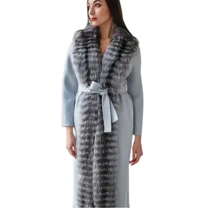 Natural Wool Blends Women Long Coats with Silver Fox Fur Collar Autumn and Winter Fashion Real Fox Fur Cashmere Coat Outwear