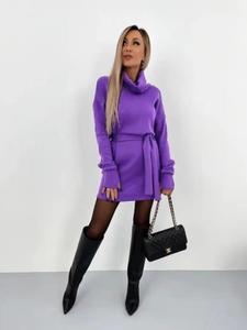 Nuovo Abito Invernale da Donna alla Moda con Collo a Drappeggio, Maniche Lunghe, Casual, Mini Vestito con Cintura - Product Image 3