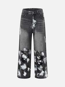 Jean en denim noir délavé à jambe large pour homme, style vintage streetwear, déchiré, service OEM - Product Image 1