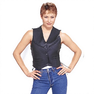 Gilet de moto en cuir noir pour femme HMB-3511A, doublure en polyester coupe-vent, style moto et motard - Product Image 1