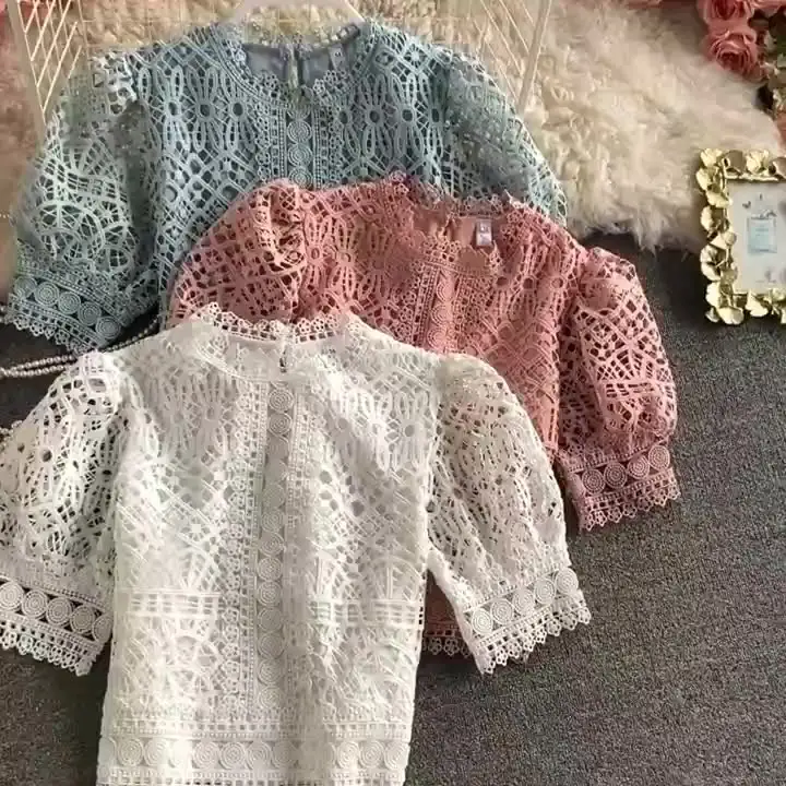 New vintage shirt crochet fancy top Pure Color Sweet Temperament Fashion Wild Hollow Lace Short Sleeve Women's Blouses