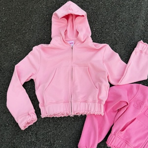Custom Women Zipper Applique Embroidery Patch Pullover Hoodies pink <b>Cropped</b> Top Distressed <b>Zip</b> <b>up</b> Hoodie Women - Product Image 2
