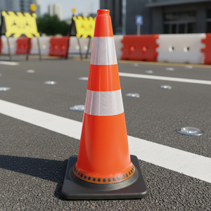 Cône de signalisation orange standard avec bandes réfléchissantes et base noire pour zones de construction - Product Image 1