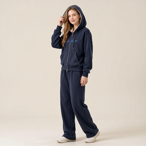 LEDUO Custom Ladies Full Zip Hooded Sweatshirt And Loose Straight Trousers Set Warm Daily Loungewear - Product Image 3