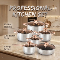 FLEY Grosir 12Pcs Set Panci Stainless Steel Anti Lengket Alas 5 Lapis Gagang Emas Tutup Kaca Peralatan Masak Tahan Lama untuk Penggunaan Komersial