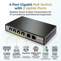 Switch Gigabit PoE 4 Port Tanpa Manajemen dengan Port Uplink Ganda untuk Jaringan Kantor & CCTV yang Mendukung Kamera IP PoE