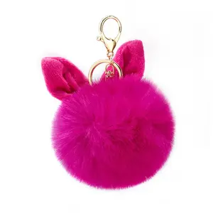 Jtfur Cute Exquisite Gift Rabbit Ears Fur Keychains Faux Rabbit Fur Ball Car Key Chain Bag Hanging Charms