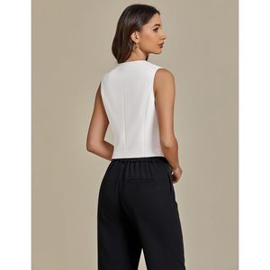 Luvamia femmes à la mode été recadrée gilet hauts décontracté boutonné gilet fourrure décoration sans manches habillé costume tissé tissu - Product Image 3