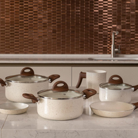 Batterie de cuisine en céramique 6 pièces antiadhésive, compatible lave-vaisselle et four, avec couvercles en verre et poignées en bois, design moderne – Vente chaude