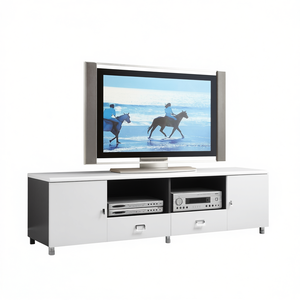 Meuble TV moderne blanc brillant et gris à 2 tiroirs avec rangement pour téléviseurs de 50 à 54 pouces, construction en MDF, conception à montage au sol, élégant Livi - Product Image 1