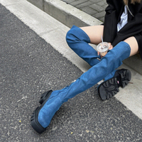 Botas De Dama à la mode talon haut Denim 6CM talon haut plate-forme épaisse sur le genou cuissardes pour les femmes