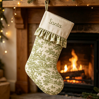Chaussette de Noël personnalisée en toile verte à imprimé toile de Jouy avec volant, pour décoration de Noël à suspendre, cadeau de Noël, vente en gros