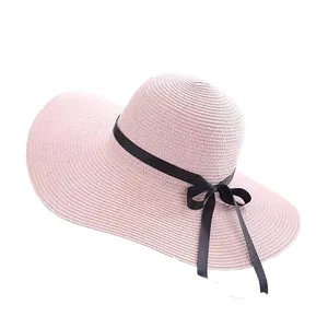 Topi matahari untuk wanita musim panas harga rendah rafia topi lebar fesyen dengan busur besar Hiking Gorras Fedora koboi jerami topi Fedora