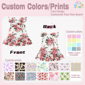 Robe de princesse pour filles à motif personnalisé, imprimé floral pivoine, manches courtes à volants, nœud avant, ourlet à volants superposés, vêtement décontracté - Product Image 3