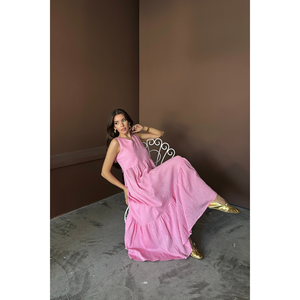 Vestido Maxi Rosa con Lazos en la Espalda y Volantes, Corte Holgado, Vestido de Invitada para Bodas - Product Image 5