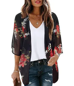 Cardigan Kimono a maniche a sbuffo con stampa floreale da donna top camicetta Casual