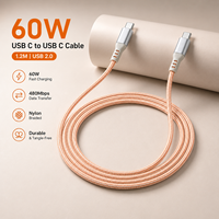 Câble USB-C de 1,2 m, type C, 20V 60W, câble en nylon PD 3A à charge rapide, câble en cuivre étamé pour téléphone portable, ordinateur et tablette, 1 pièce