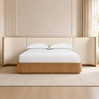 Lit plateforme moderne en chêne américain avec tête de lit capitonnée ultra-large, panneau mural, ensemble de lit king-size en bois de luxe pour chambre à coucher, hôtel, appartement