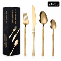 Ensemble de couverts en acier inoxydable de luxe, 24 pièces, finition miroir dorée, manche martelé, pour mariage, hôtel, dîner