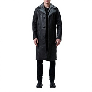 Abrigo Largo de Cuero Genuino para Hombre con Capucha, Solapa con Muescas, Cierre de Botón Sencillo, Grueso para Invierno - Product Image 4