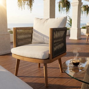 Modern Teak Wood Outdoor Chair Rattan Backrest Weather Resistant Garden Furniture for One Person Seating - Product Image 1