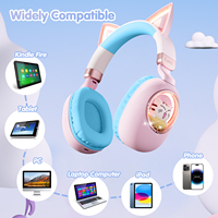 Headphone nirkabel telinga kucing LED lucu, Headset Gaming Cosplay dapat dilipat dengan mikrofon untuk 5.4 IPX4 tahan air jangkauan 15m