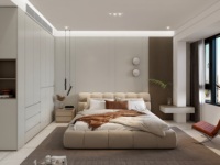 Ensemble de meubles de chambre moderne et minimaliste incluant lit inclinable, armoire et commode, pour la décoration intérieure contemporaine et l'utilisation en centre commercial