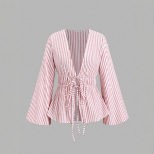 Chemise élégante pour femme TP5, haut à col en V profond, manches bouffantes, rayée, à nouer devant, en popeline tissée, style vintage pour le bureau/le quotidien, été - Product Image 2