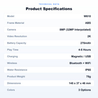 Lunettes Intelligentes à Caméra IA 8MP 2K EIS Appels Vidéo Transfert WiFi Traduction en Temps Réel IP65 OEM W610 Chargement Magnétique