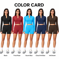 Ensemble de sport sans couture pour femme avec logo personnalisé, veste courte zippée et short cycliste, tenue de fitness et de sport, vente en gros usine
