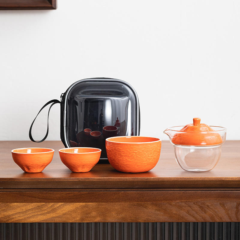 Persimmon Travel Tea Set (One Pot, Three Cups) - Portable Orange